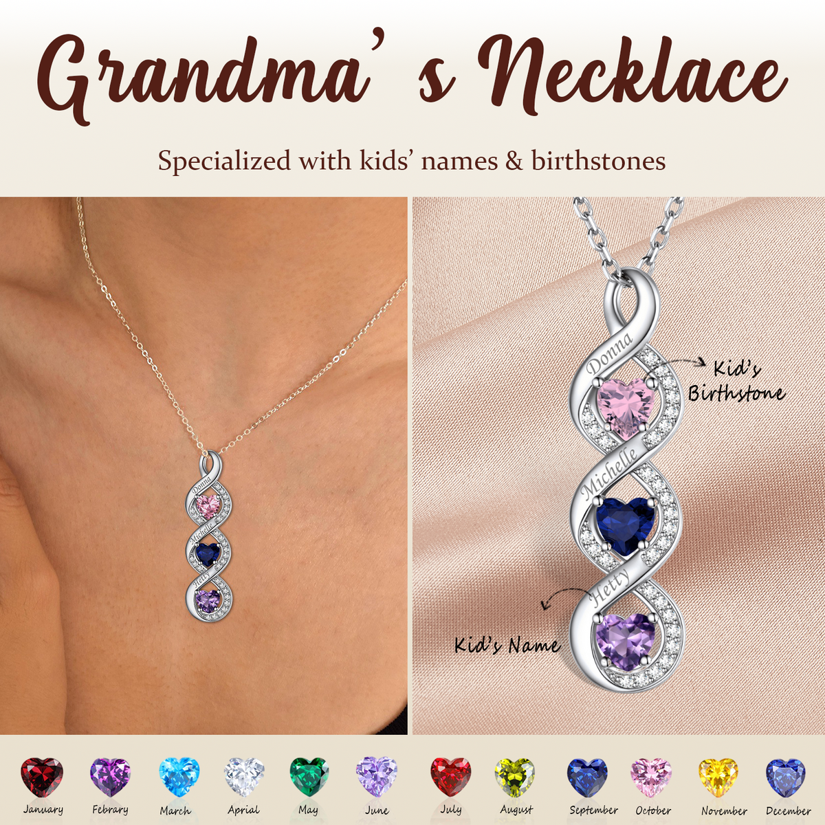Personalized Infinity Heart Birthstone Necklace, Mother's Day Gift
