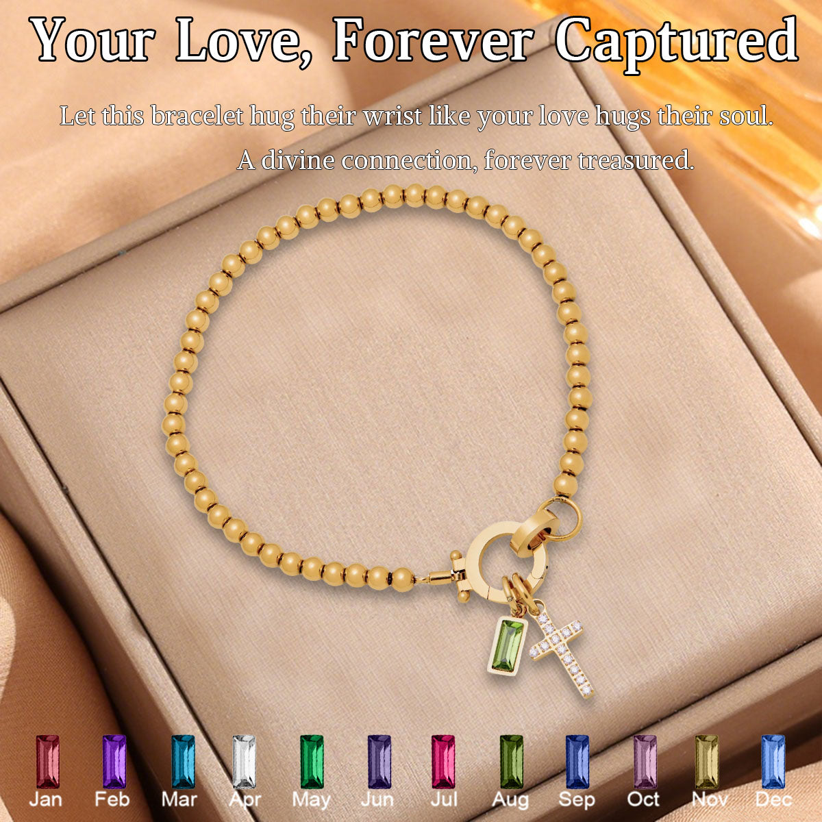 BEADED BIRTHSTONE CROSS CHARM BRACELET