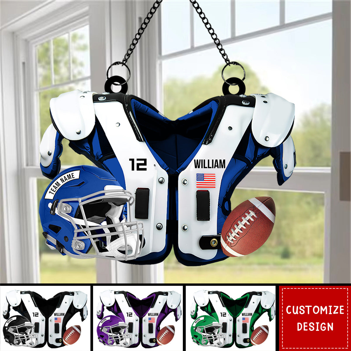 Personalized American Football Shoulder Pads And Helmet Window Hanging Suncatcher Ornament - Gift For American Football