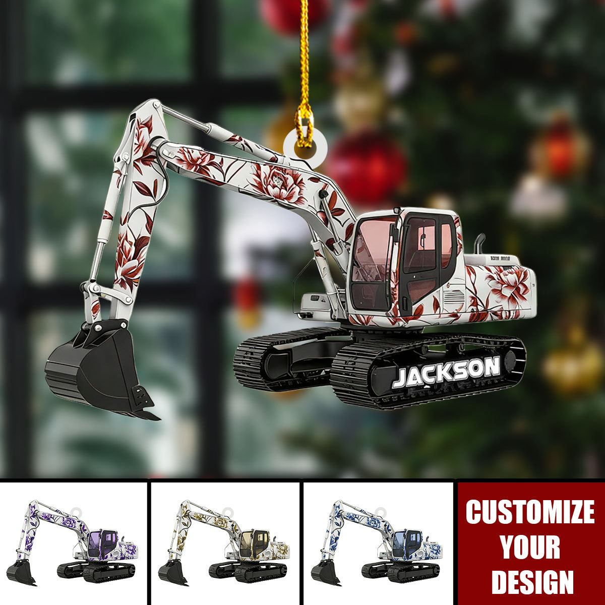 Personalized Excavator Toile De Jouy Christmas Ornament, Construction Truck Holiday Home Decor