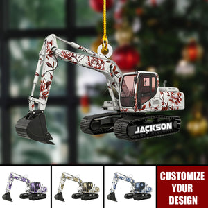 Personalized Excavator Toile De Jouy Christmas Ornament, Construction Truck Holiday Home Decor