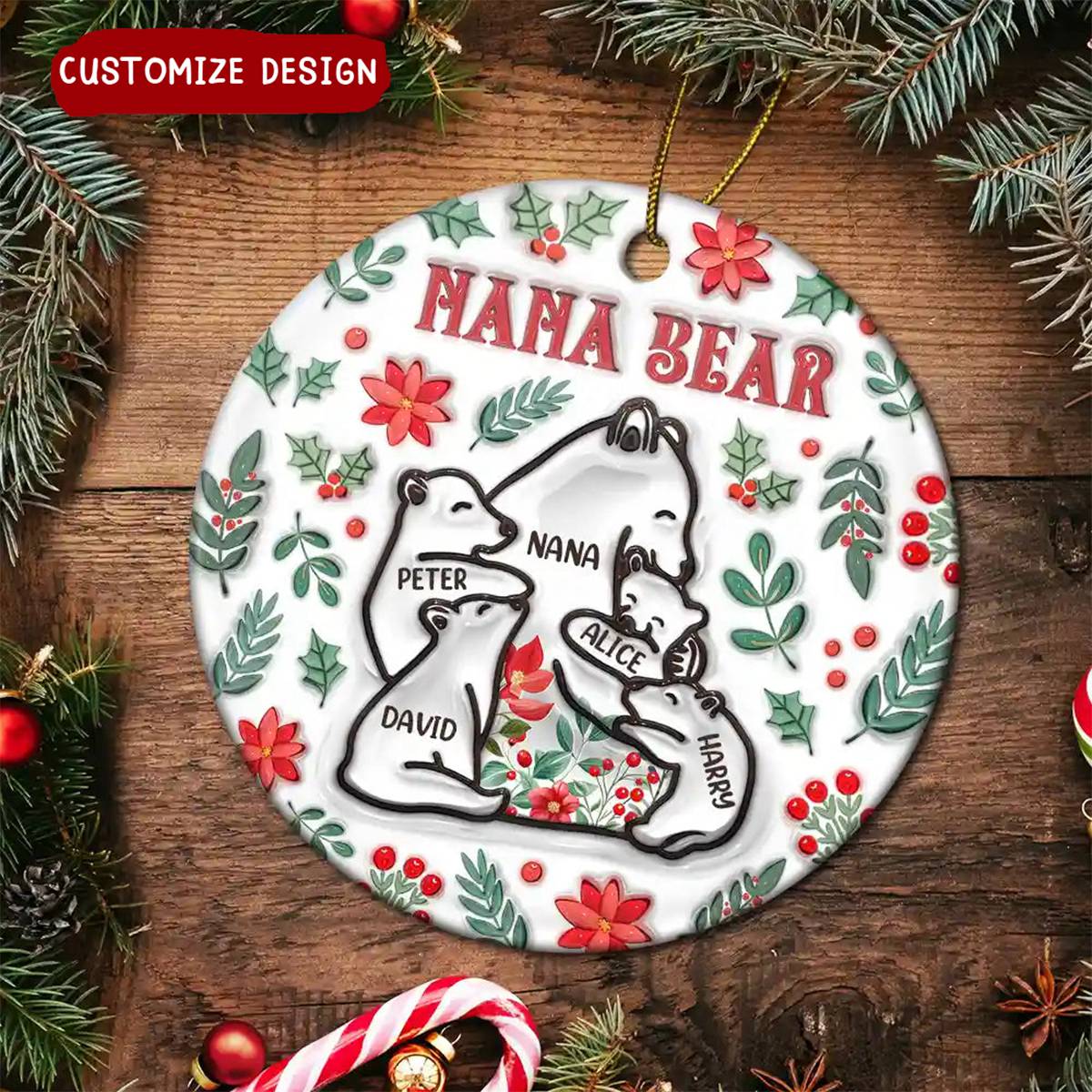 2024 New Release - Christmas Mama Bear - 3D Inflated Effect Printed Ornament, Personalized Circle Ceramic Ornament