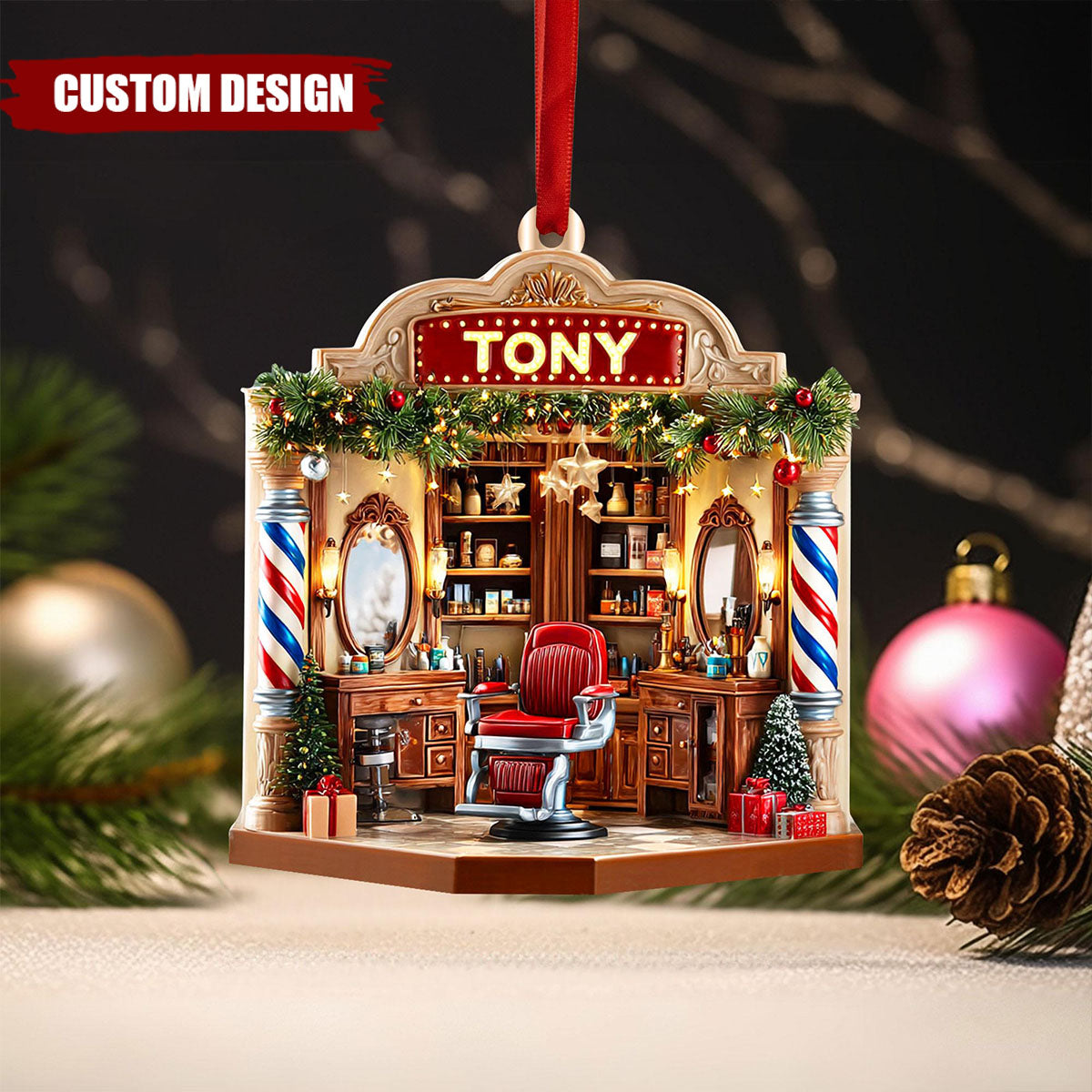 2D FLAT Personalized Barber Shop Christmas Ornament, Custom Shape Barber Acrylic Ornament, Christmas Gift For Barber, Barber Shop Decor