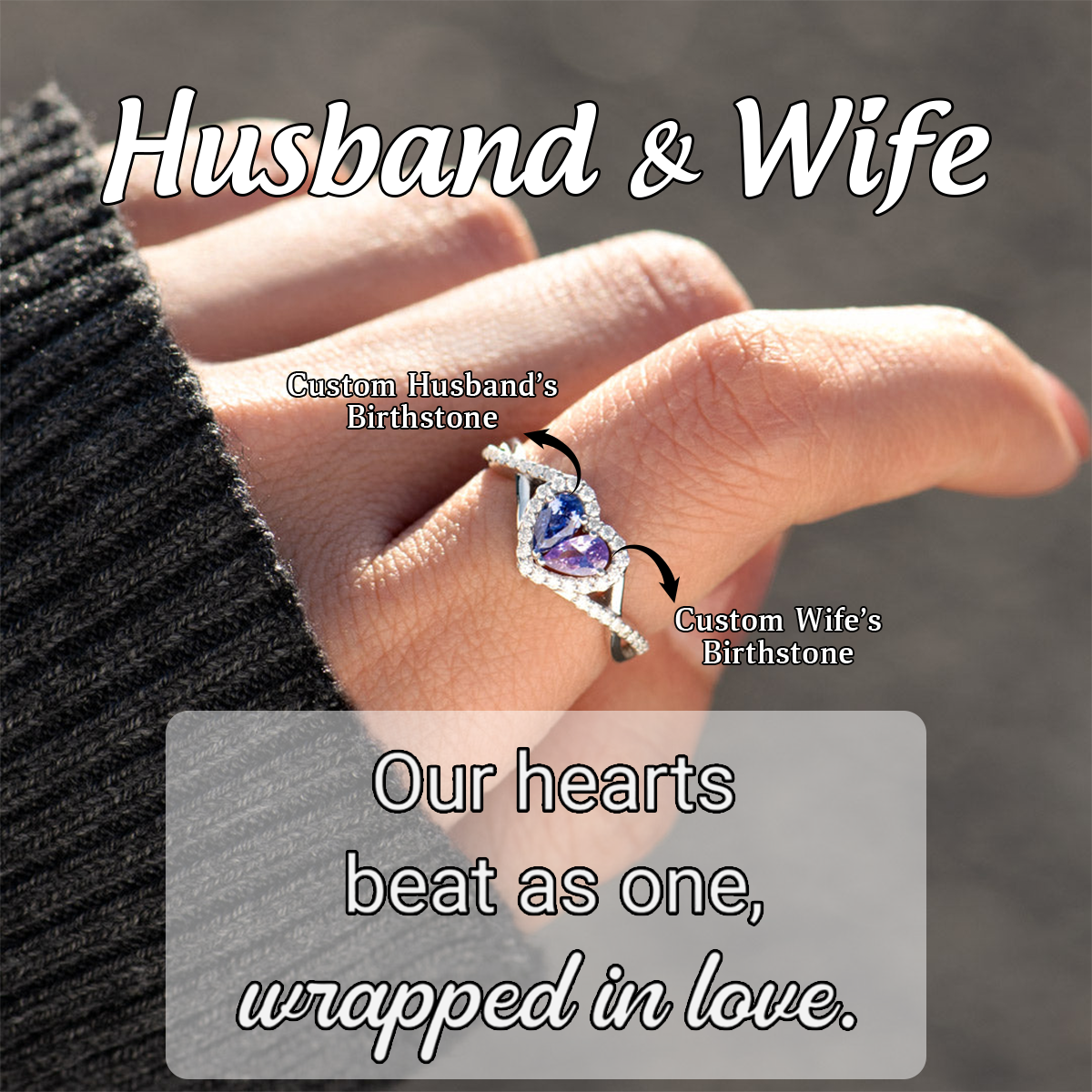 Personalized Husband And Wife Dual Teardrop Birthstone Heart Ring