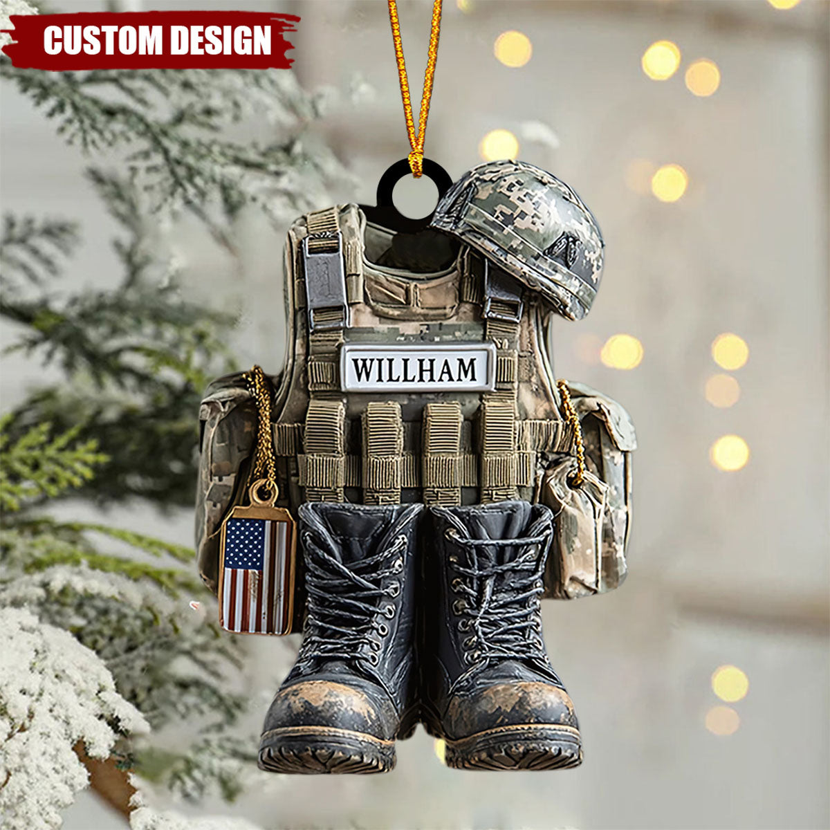 Military Uniform Ornament, Boots & Helmet Personalized Flat Ornament, Custom Veteran Ornament, Military Xmas Gift For Dad, 2D Flat Ornament