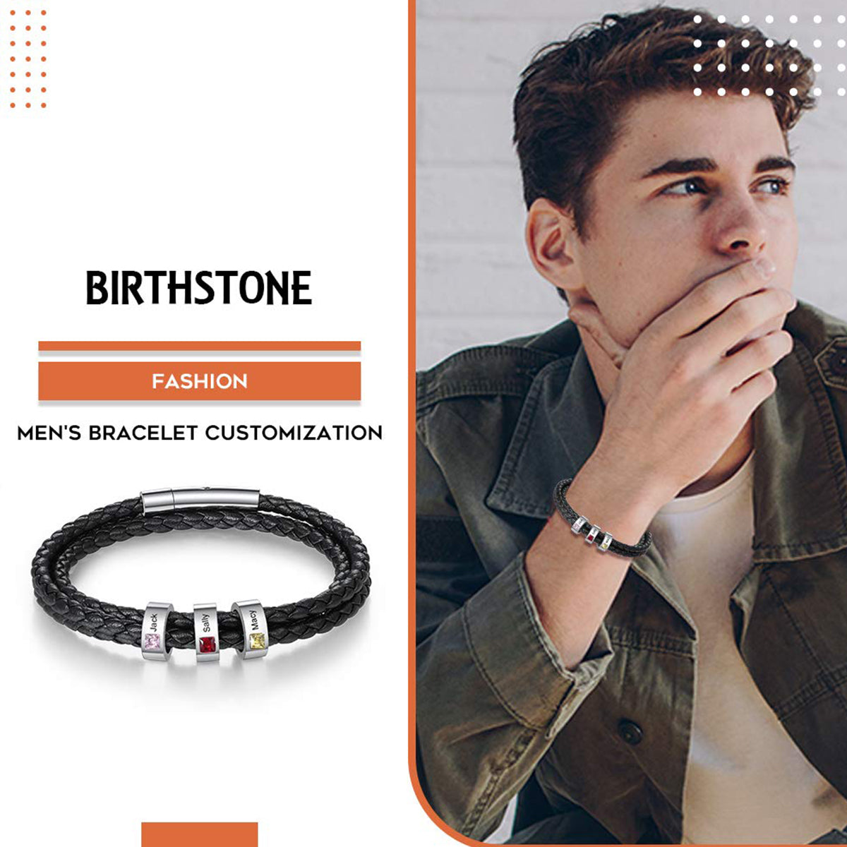 Personalized Mens Braid Bracelet with 1-8 Engraved Beads Family Names-Gifts for Men Father's day