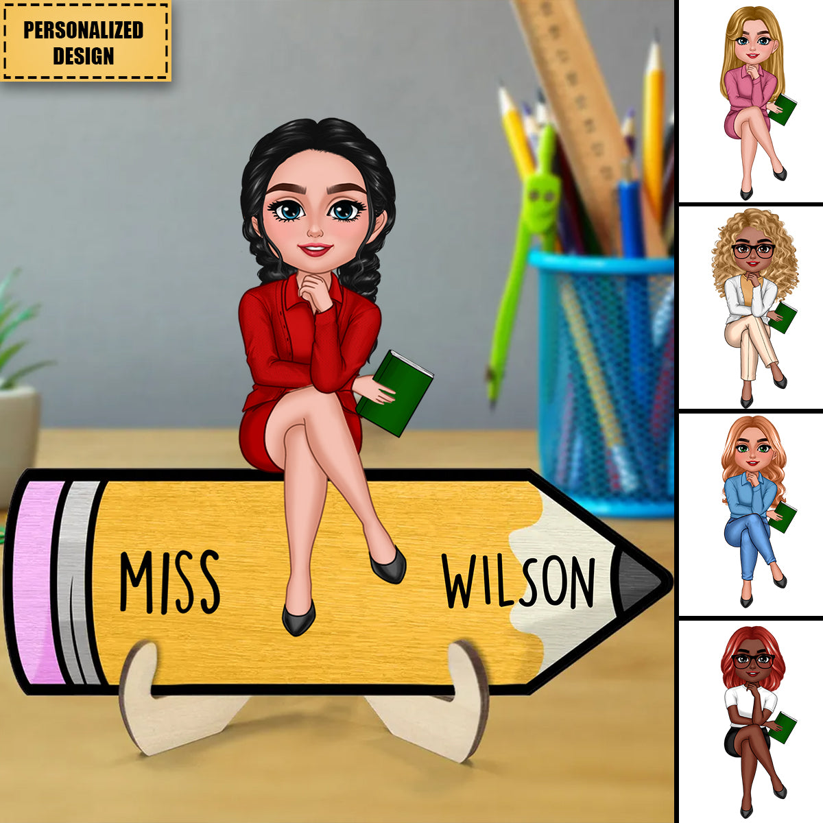 Doll Teacher Sitting On Pencil-Personalized 2-Layer Wooden Plaque Gift For Teacher