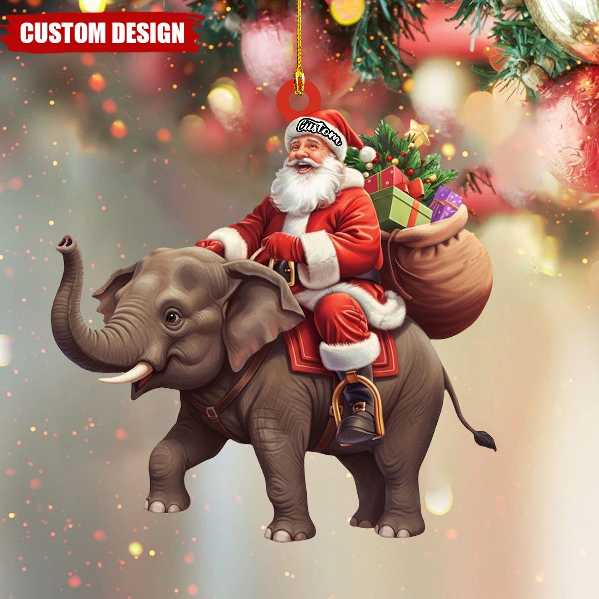 Santa riding Elephant acrylic 2D flat Christmas ornament, festive tree hanging acrylic holiday decoration, unique Santa riding elephant gift