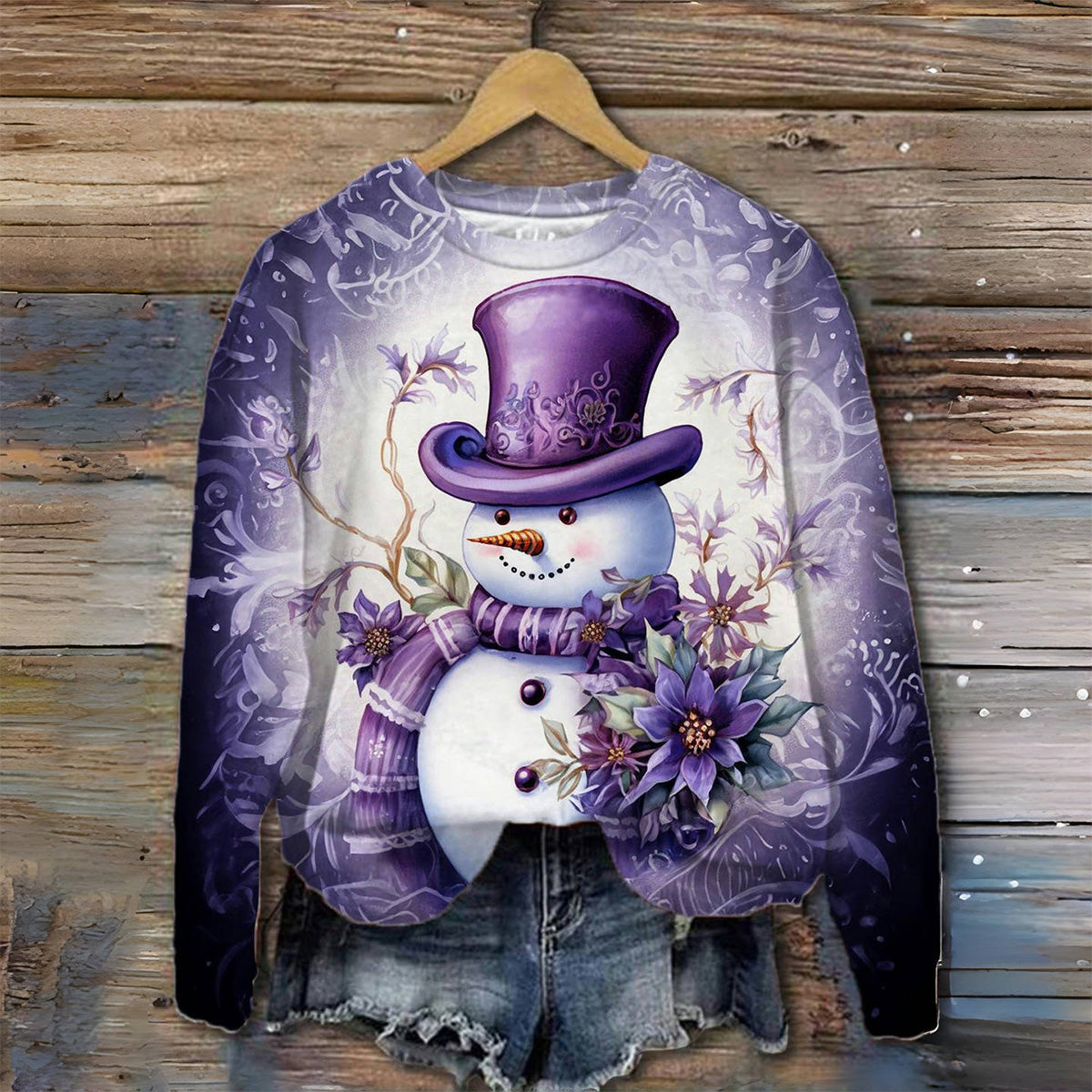 Purple Snowman Crew Neck T-shirt,V-Neck Long Sleeve Top,Long Sleeve Top