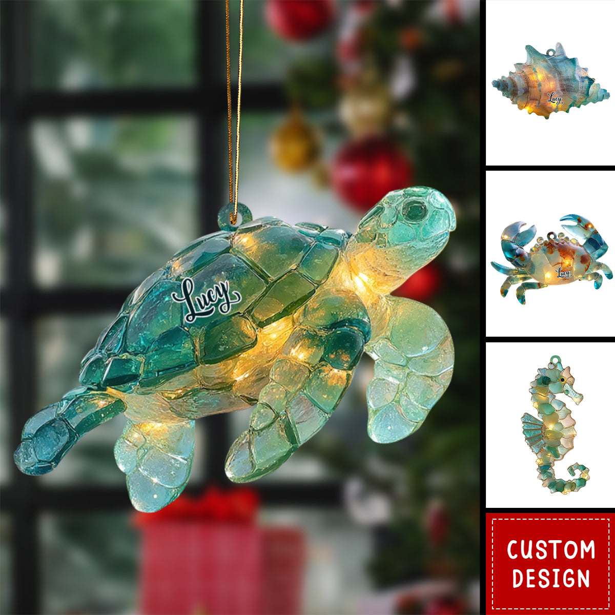 Sea Glass Ocean Such As Turtle Crab Shell Seahorse , Coastal Beach, Sea Animal Christmas Ornament