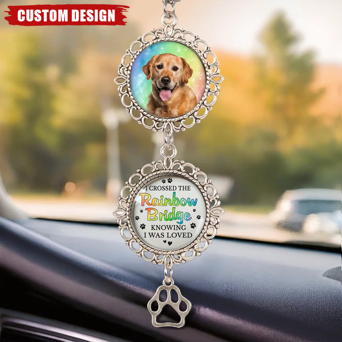 A Piece Of My Heart Is At The Rainbow Bridge - Personalized Metal Car Hanging Ornament With Charm - Sympathy Gift For Pet Owners, Pet Lovers