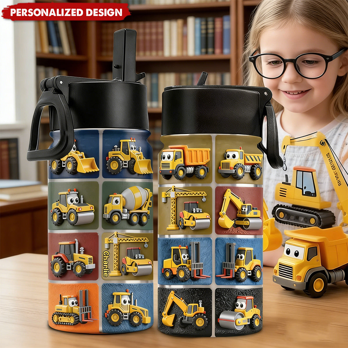 Construction Machines - Personalized Kid Kids Water Bottle