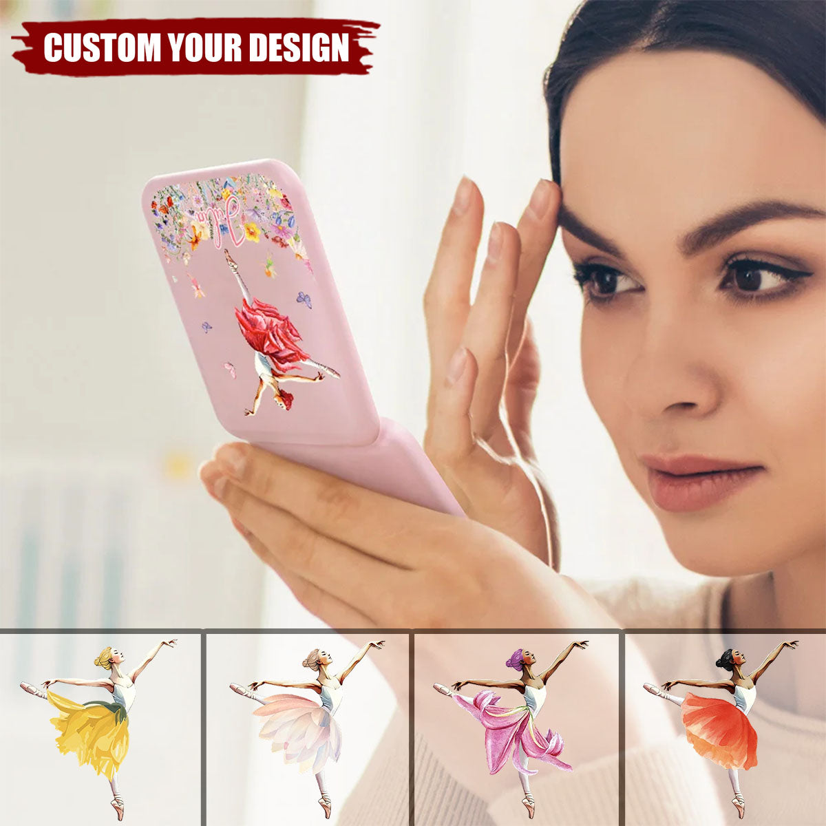 Personalized Ballet Girl Birth Flower LED Double-Sided Compact Makeup Mirror Gift for Ballerina