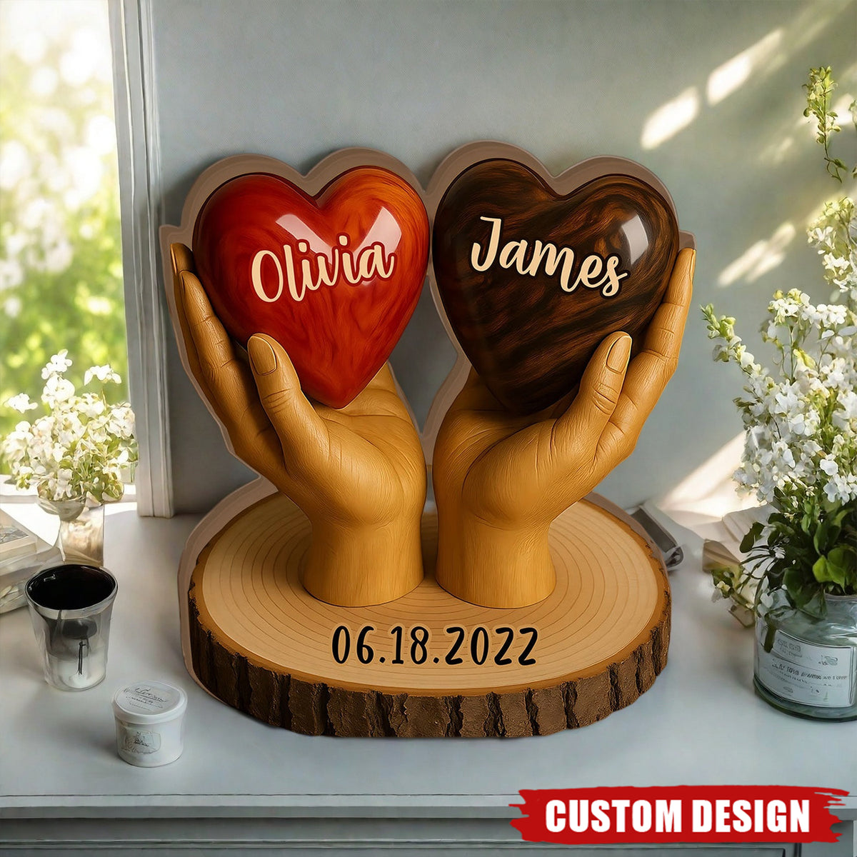 Two Hearts One Love - Personalized Couple Shaped Wood Plaque