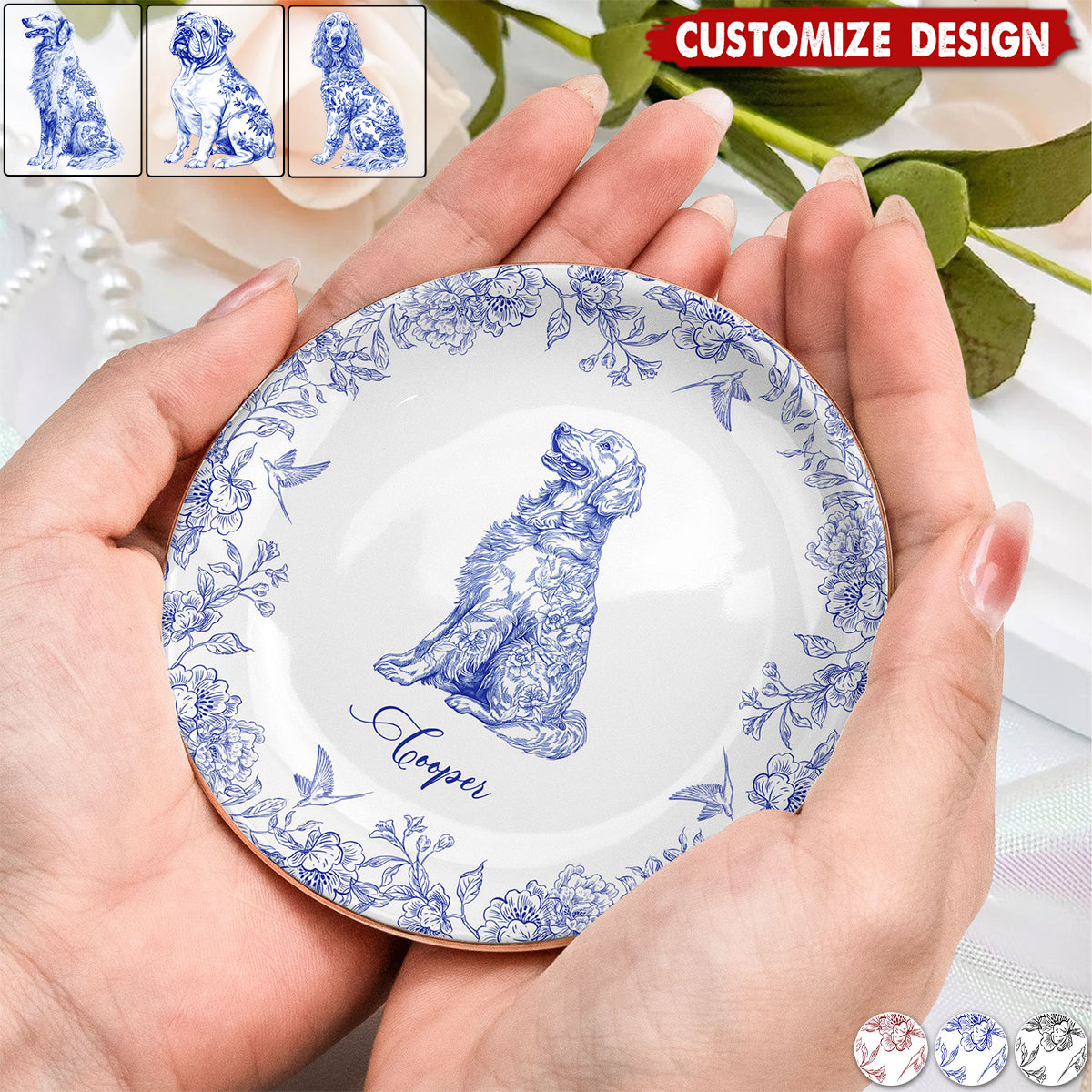 Dog Breeds Chinoiserie Toile De Jouy - Personalized Jewelry Dish - Gift For Dog Lovers