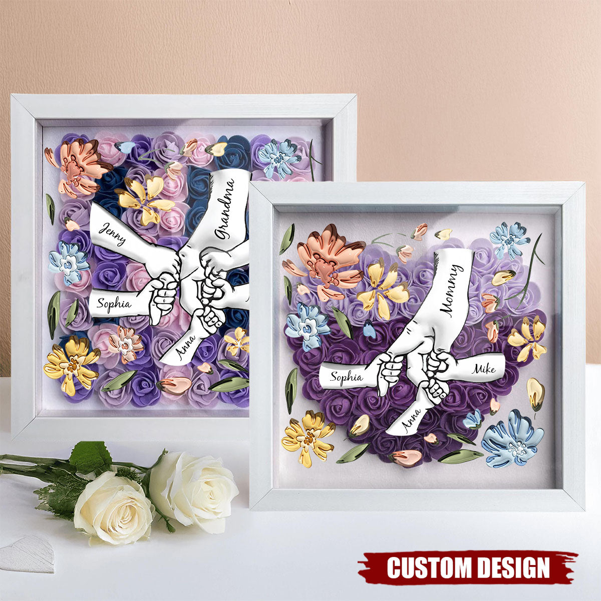 Holding Mom's Hands - Personalized Flower Shadow Box With Name