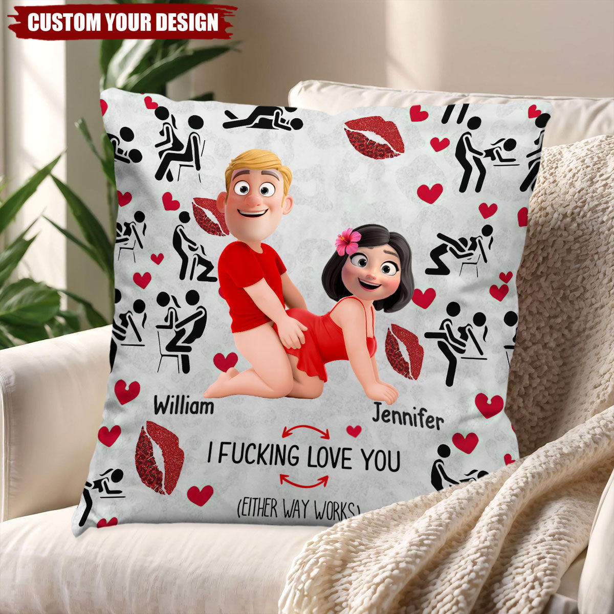 I Love You - Naughty Personalized Cartoon Couple Throw Pillow