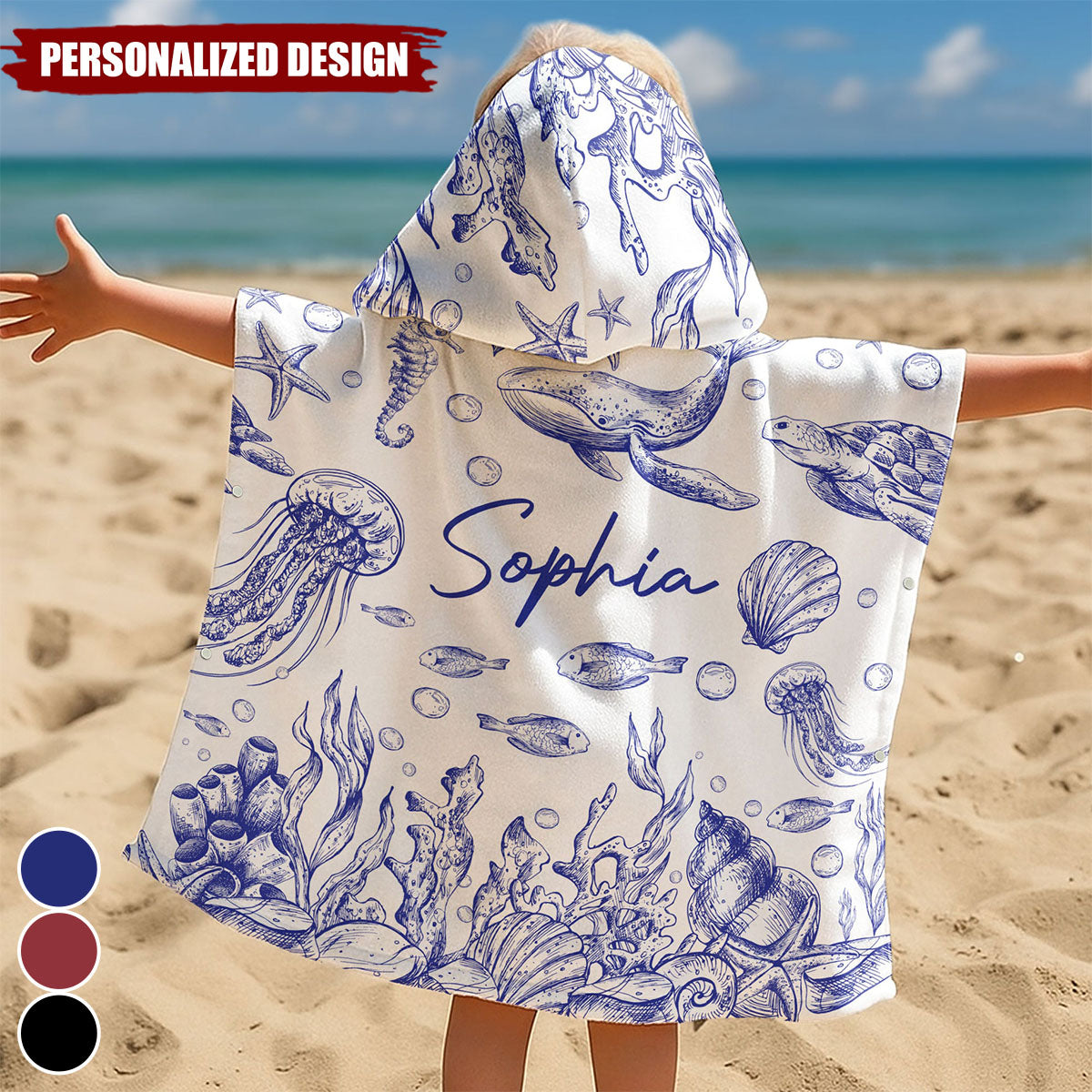 Under The Sea Toile De Jouy-Personalized Kids Hooded Towel