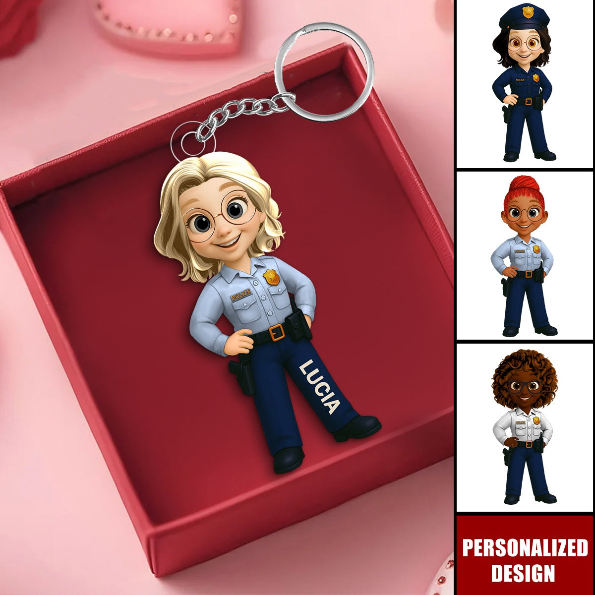 Personalized Woman Police Officer Cartoon Character Keychain-Gift For Law Enforcement
