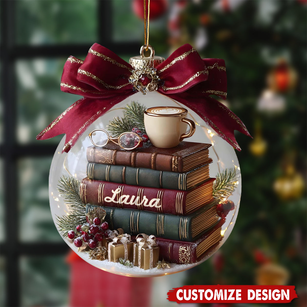 Personalized Stack Of Books Christmas Ornament, Custom Book Lover Snow Globe Gift, Library Christmas Decor for Readers