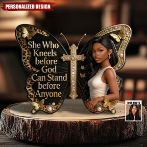 She Who Kneels Before God Can Stand Before Anyone - Personalized African American Custom Shaped Acrylic Plaque