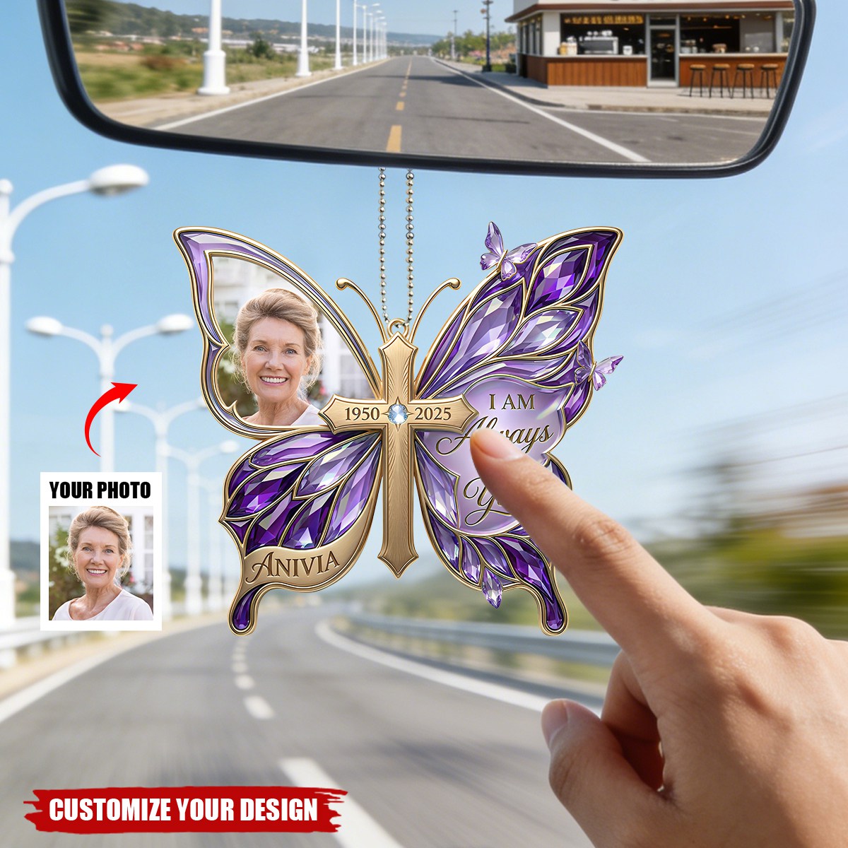 Custom Photo Loving Memory Butterfly Car Ornament - Personalized Gifts For Loved Ones