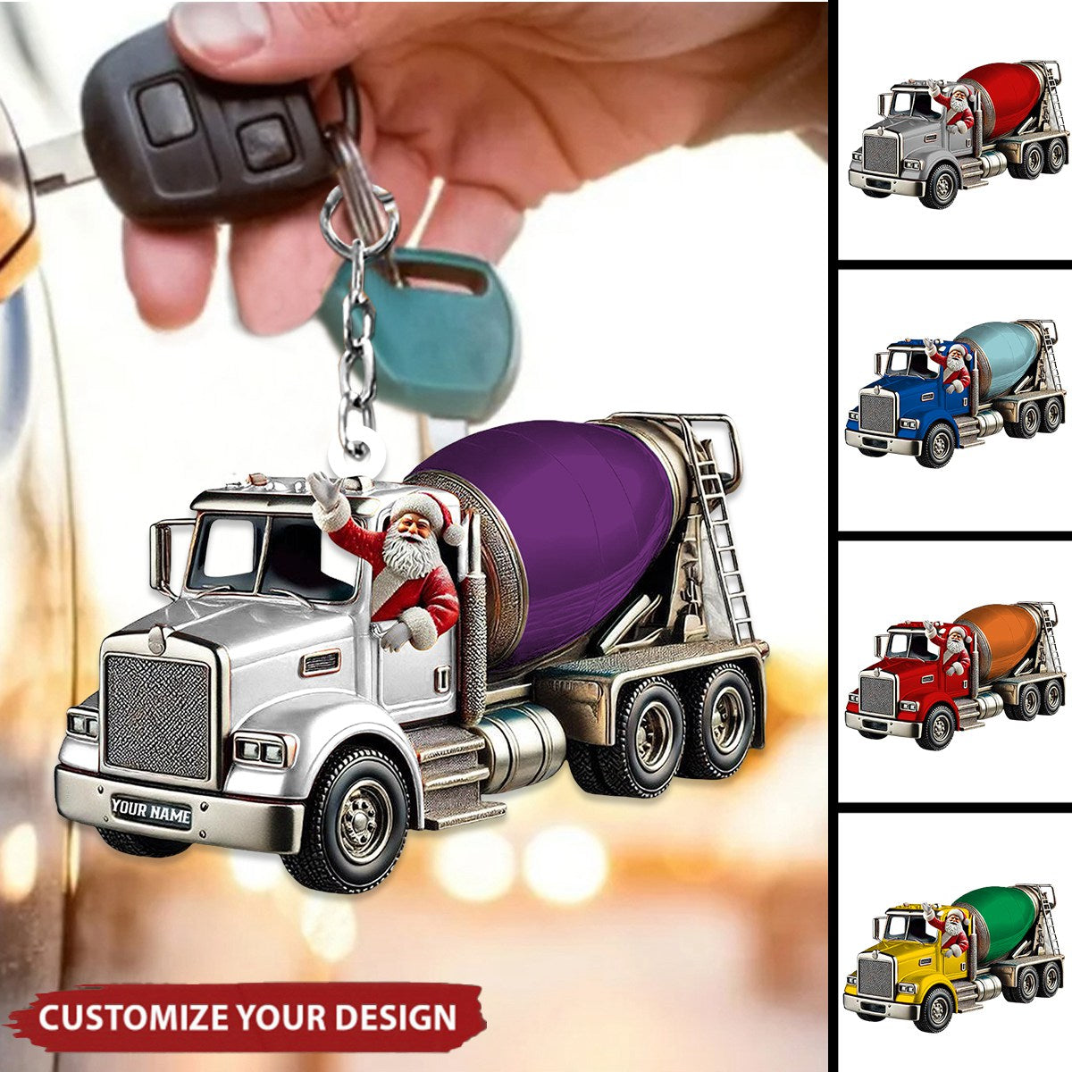 Personalized Cement Mixer Santa Keychain - Unique Holiday Gift for Construction Fans