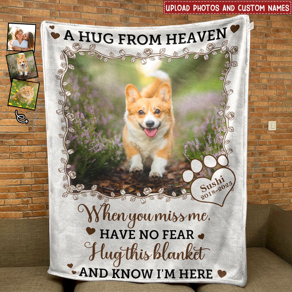 Custom Photo A Hug From Heaven - Sympathy Gift, Memorial Gift For Your Loved Ones, Pet Lovers, Dog Lovers, Cat Lovers - Personalized Fleece Blanket, Sherpa Blanket