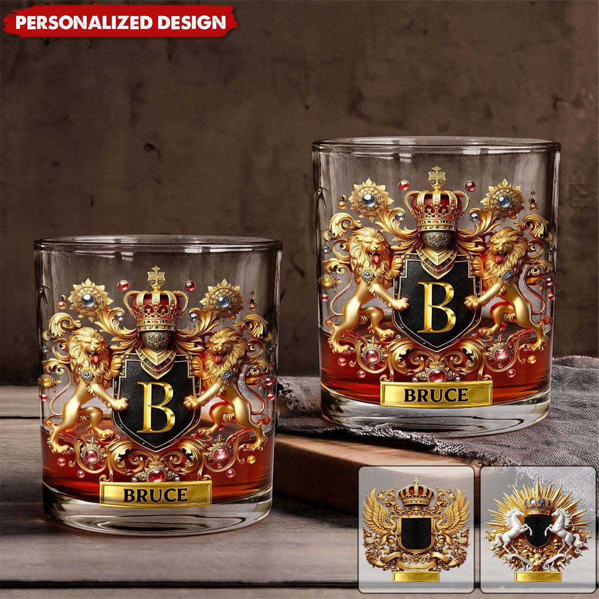 Lion/ Eagle/ Horse Coat Of Arms-Personalized Whiskey Glass