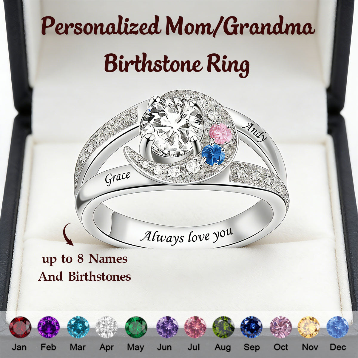 Personalized Birthstone Rings With 1-8 Birthstones-Gifts for Mother Grandma