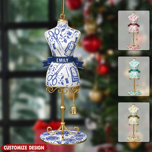 Personalized Toile De Jouy Dress Form Christmas Ornament - Gift for Seamstress, Tailor, Fashion Designer