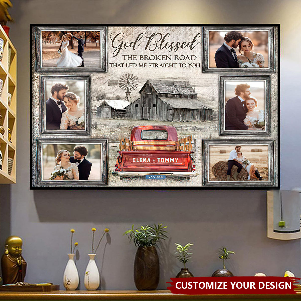 God Blessed Farmhouse Bar and Truck Personalized Photo Collage Wall Art Canvas Poster