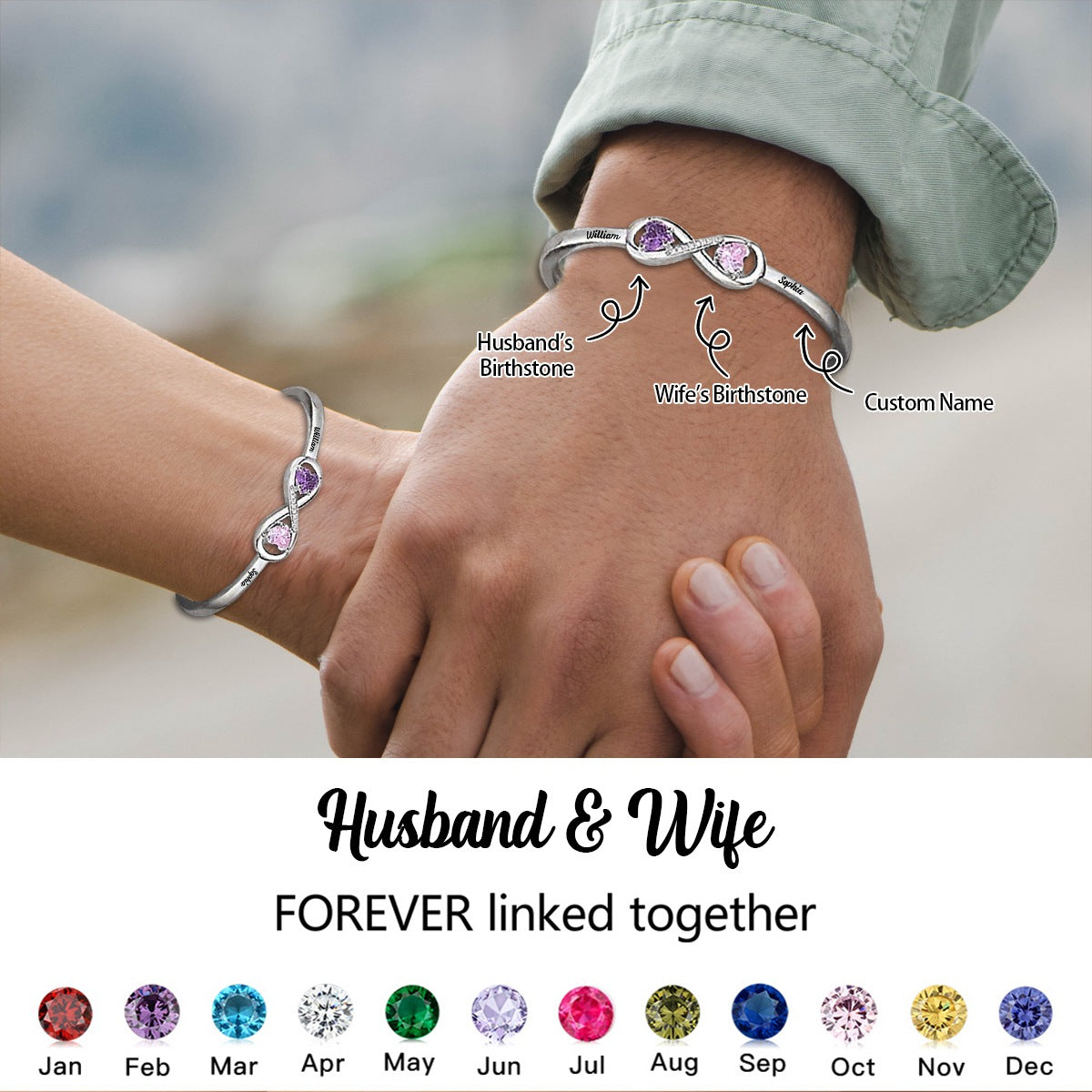 Personalized Husband & Wife Infinity Dual Birthstone Bracelet