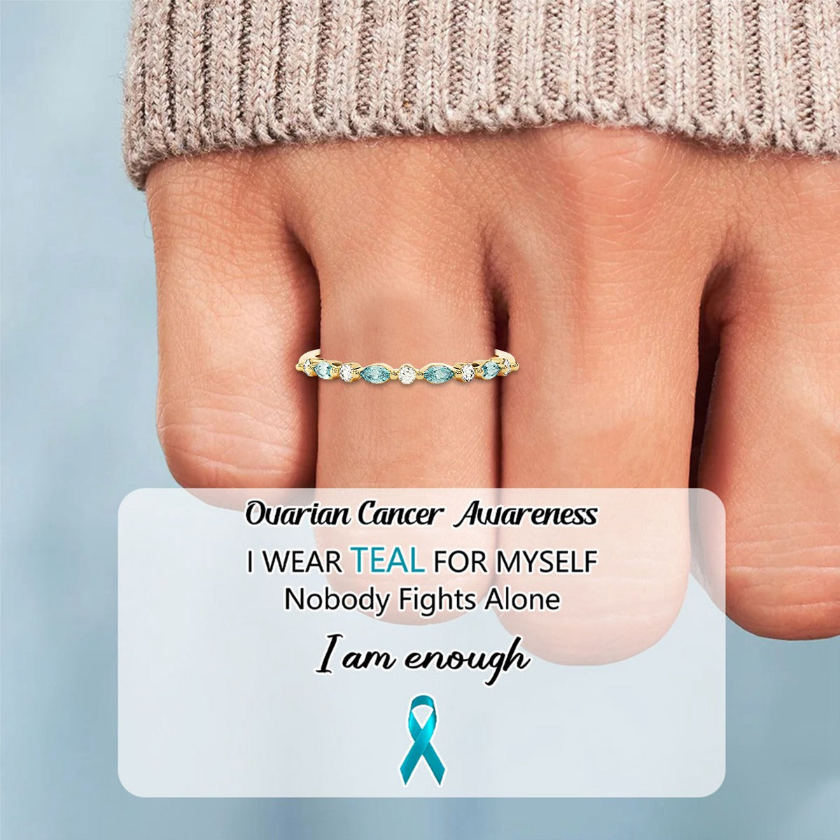 Ovarian Cancer Awareness-Cyan Diamond Thin Ring