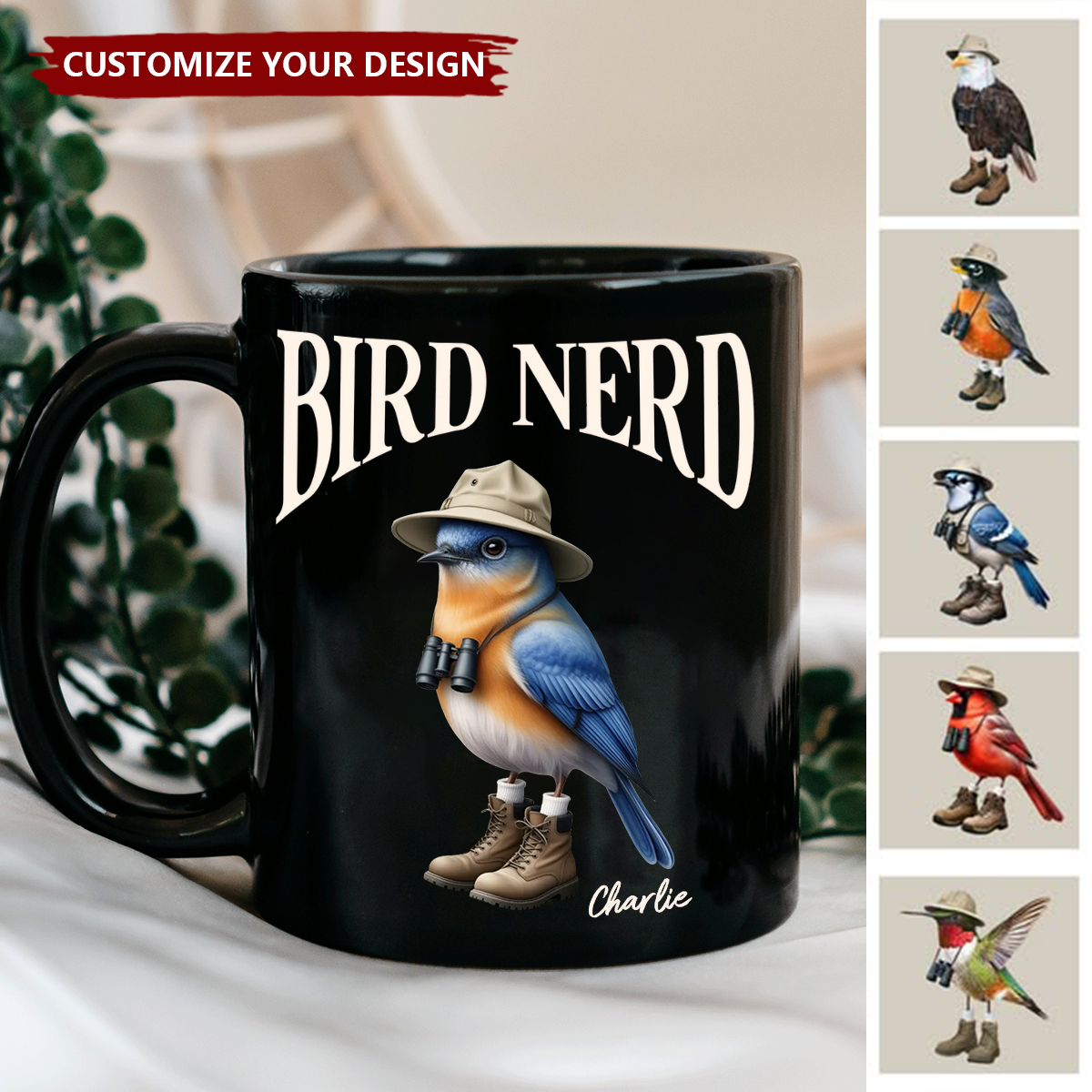 Bird Nerd Funny Bird Watcher Personalized Black Mug, Bird Twitcher Gift for Bird Lover
