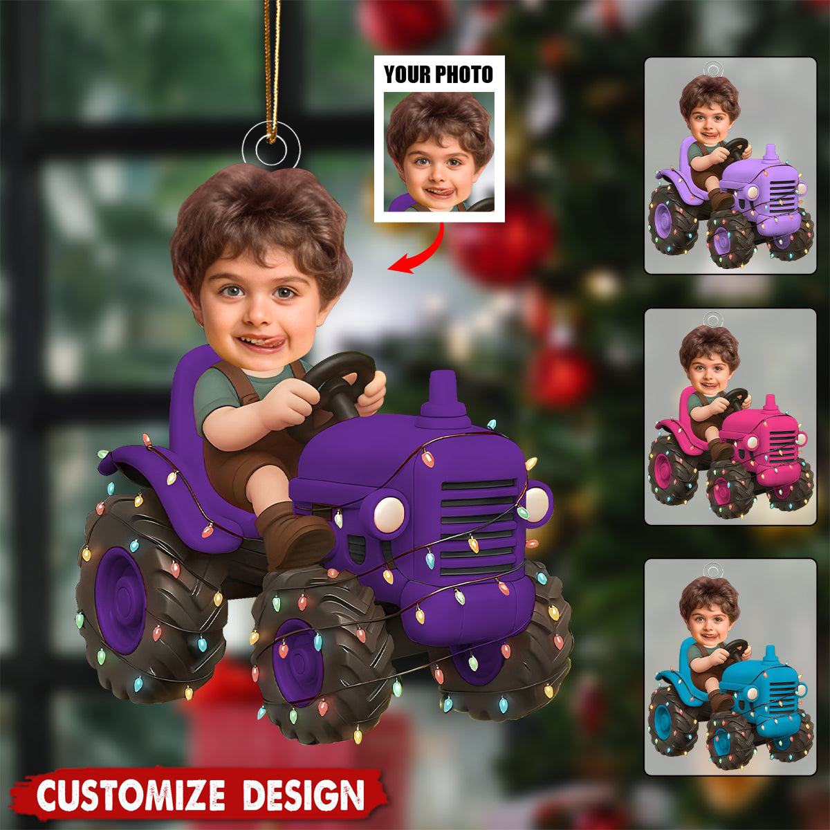 Personalized Tractor Christmas Ornament – Custom Photo Acrylic Ornament for Kids, Farm Truck Holiday Gift, Cute Boy Christmas Decor