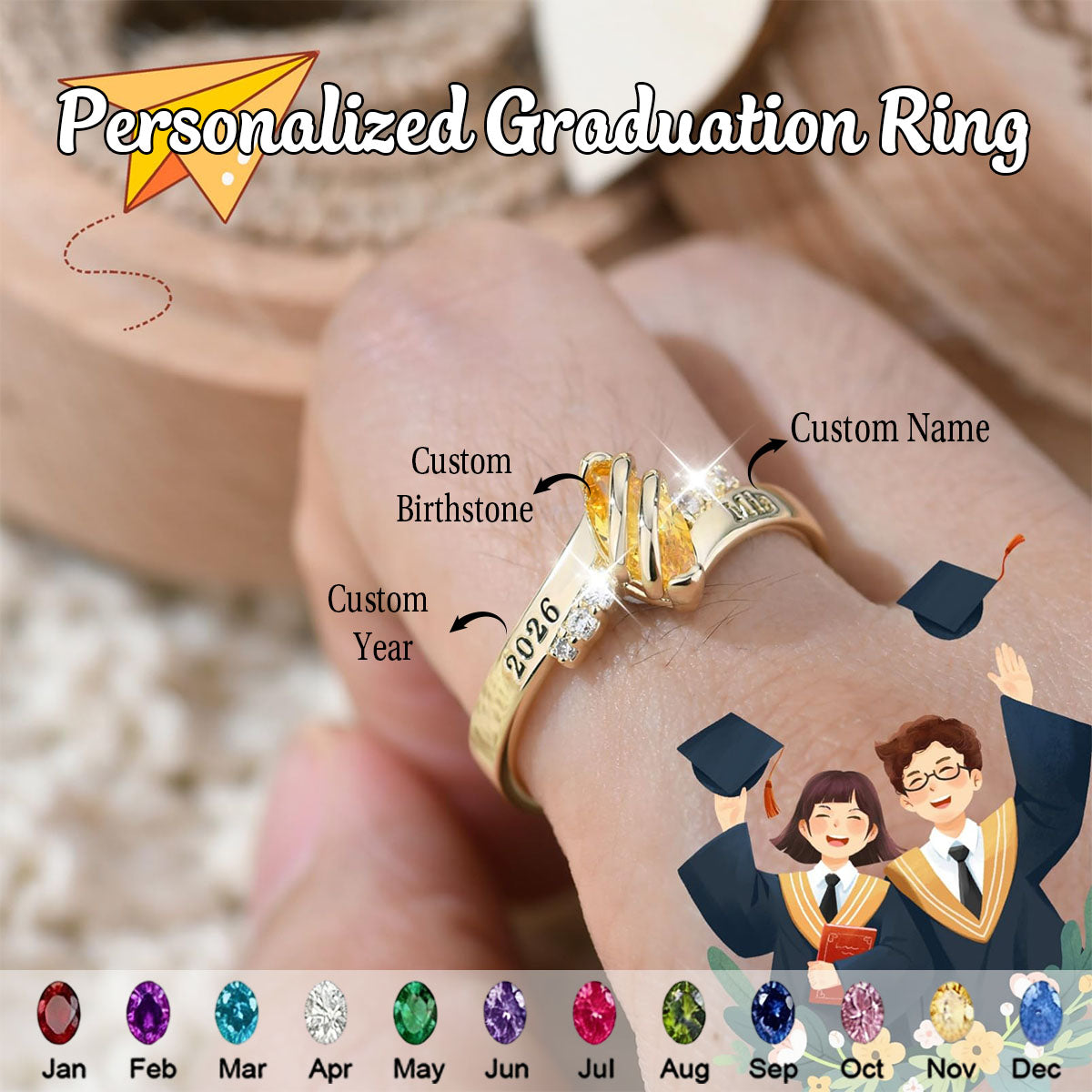 Personalized Engraved Birthstone High School Class Ring, Bypass Opening CZ Stone Ring for Graduates