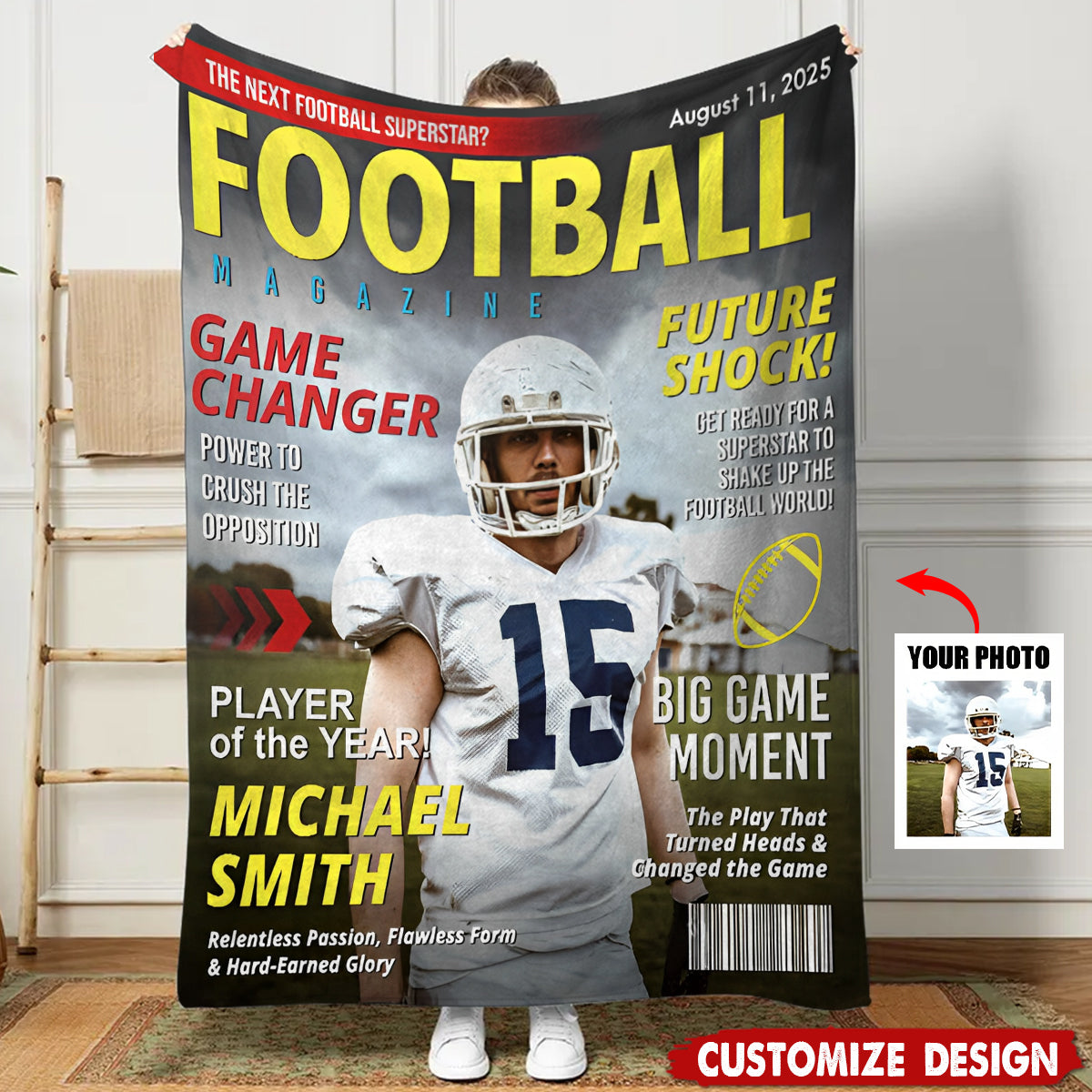 Custom Football Magazine Cover Blanket , Gift For Football Player