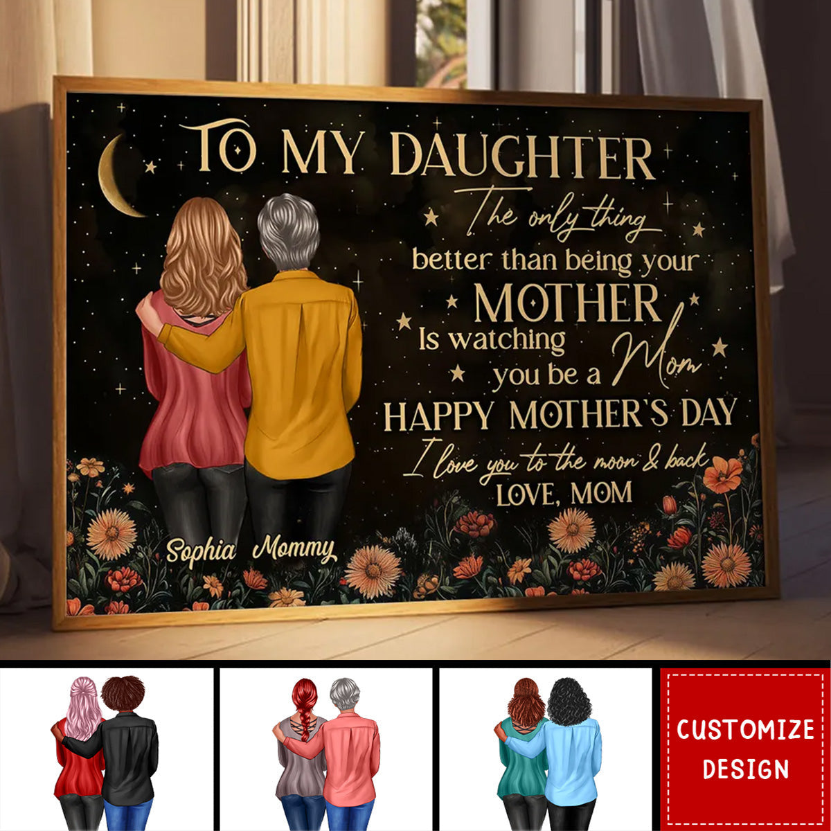 Vintage Flowers Gold Moon To My Daughter From Mom - Happy Mother's Day Personalized Poster