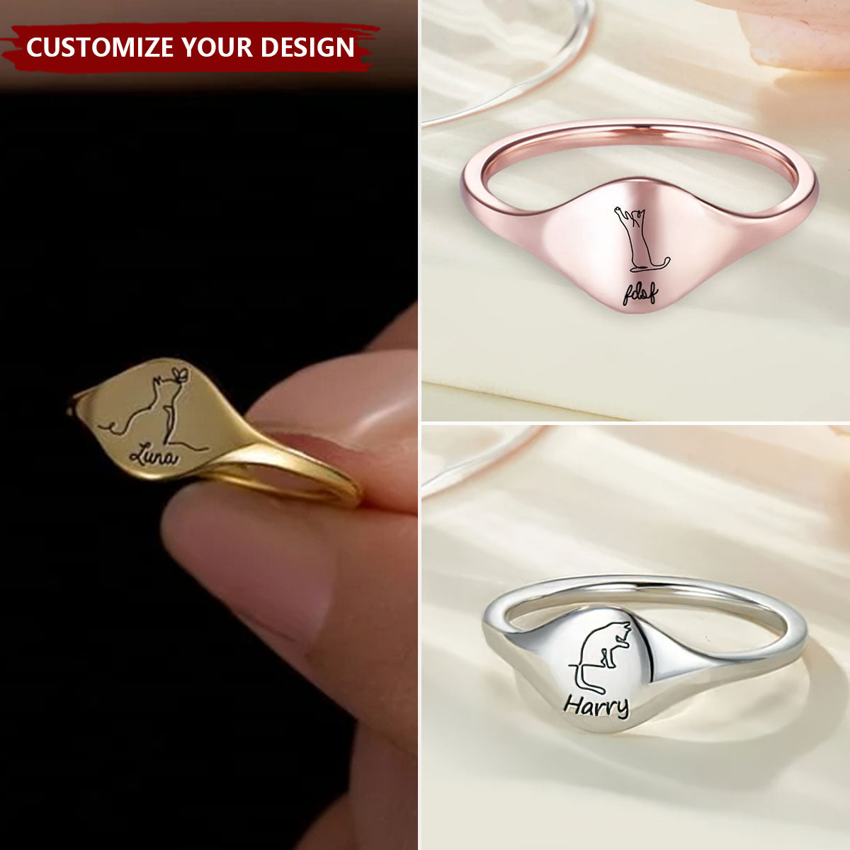 Personalized Cute Engraved Cat Silhouette Ring with Name Dainty Jewelry Anniversary Birthday Memorial Gift for Cat Lover