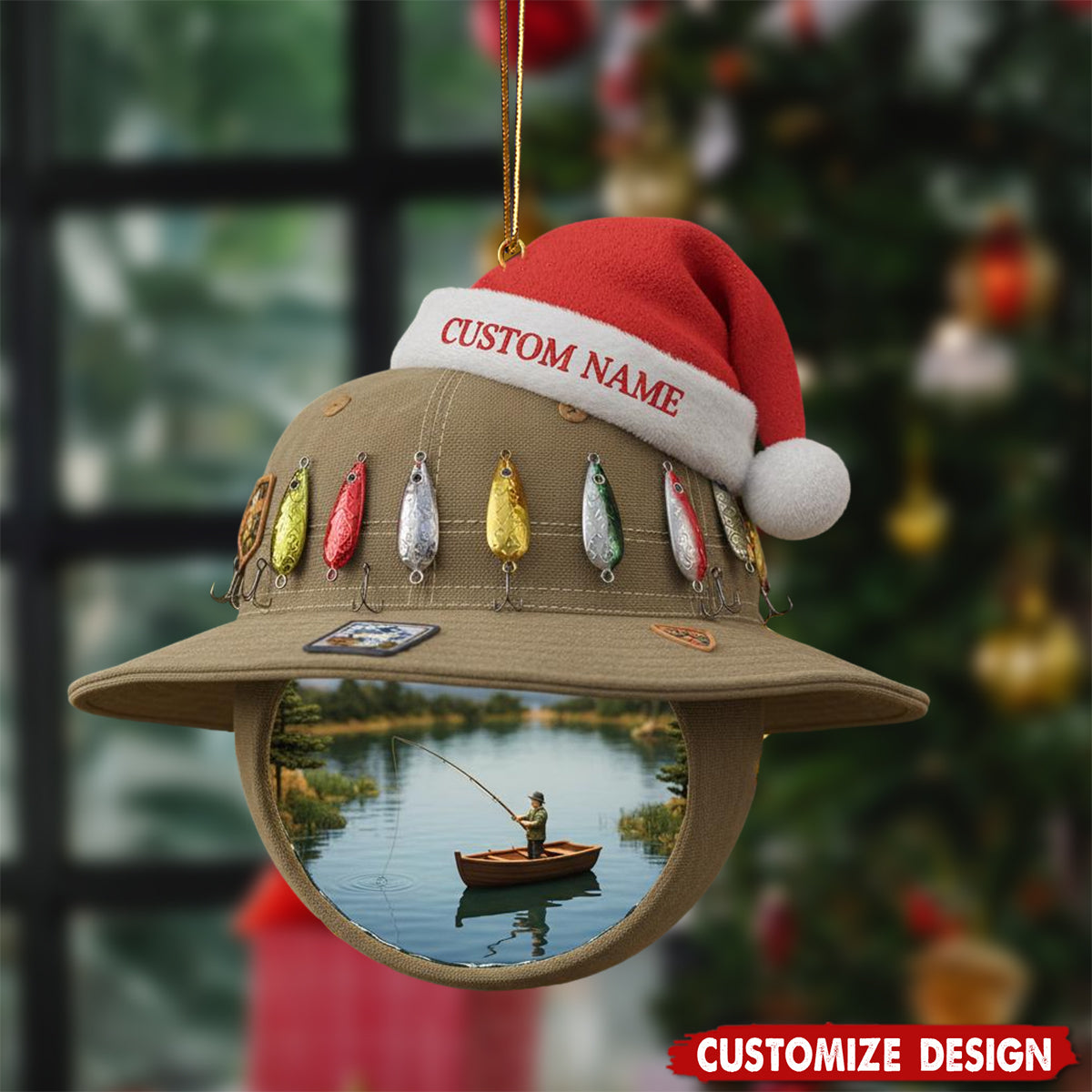 Personalized  Hat & Lake Scene Fishing Christmas Ornament - Gift for Fisherman
