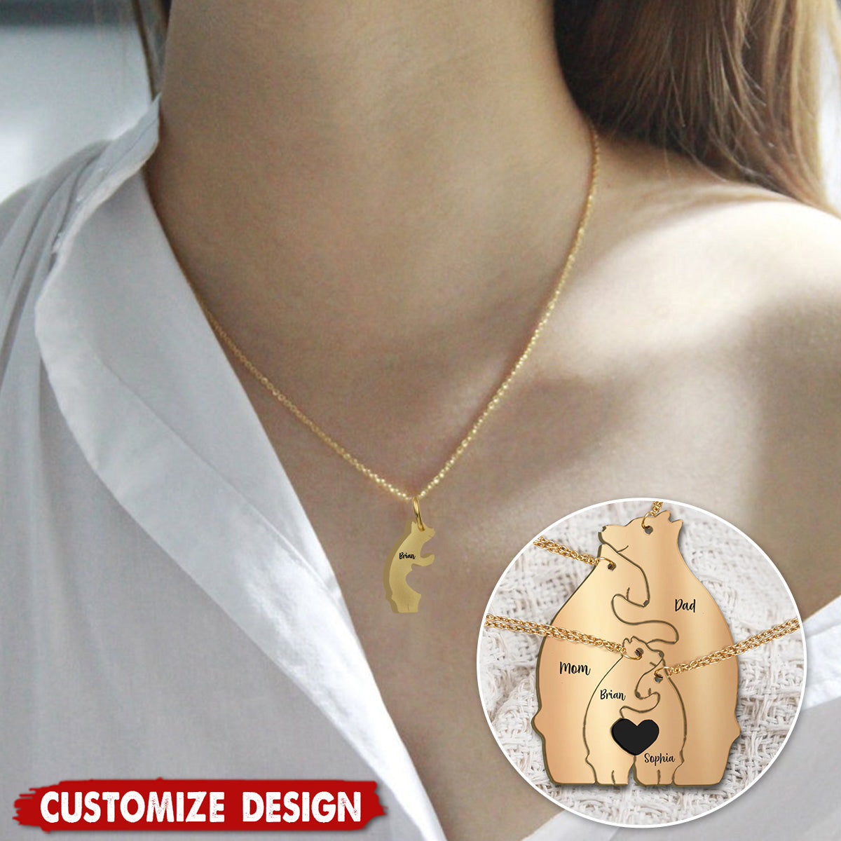 Personalized Family Bear Matching Pendant Necklace