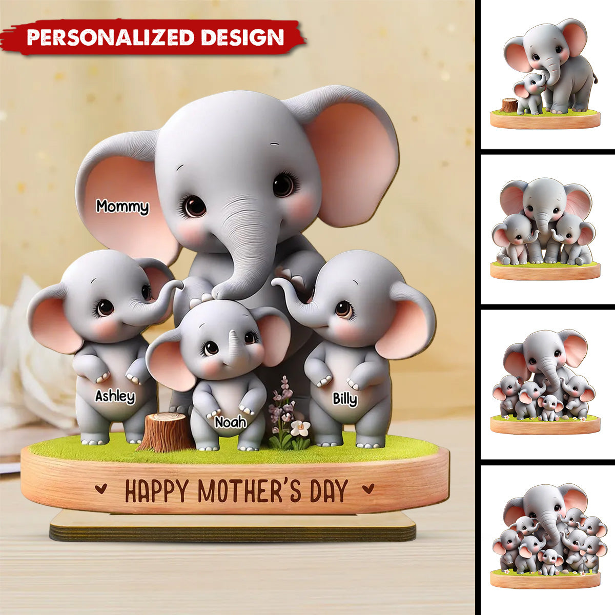 Cute Elephant Mama/Grandma With Kids-Personalized Standing Wooden Plaque-Gift For Mom/Grandma
