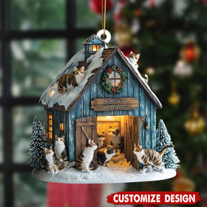 Personalized Cat Farm Ornament with Barn and Cats, Custom Christmas Decor for Cat Lovers, Pet Holiday Gift, Farmer Ornament