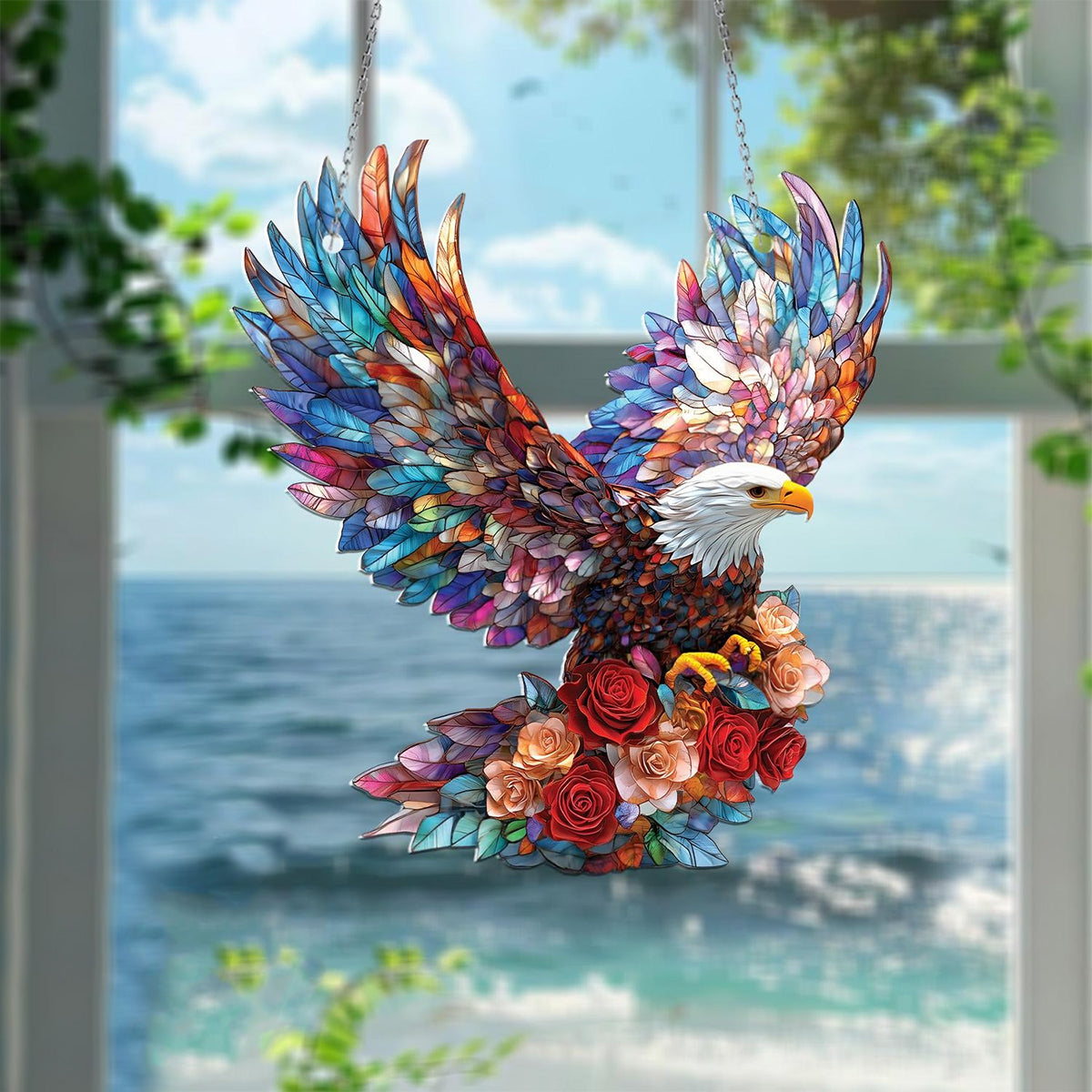 Bald Eagle with Roses Window Hanging - nique Nature-Inspired Gift