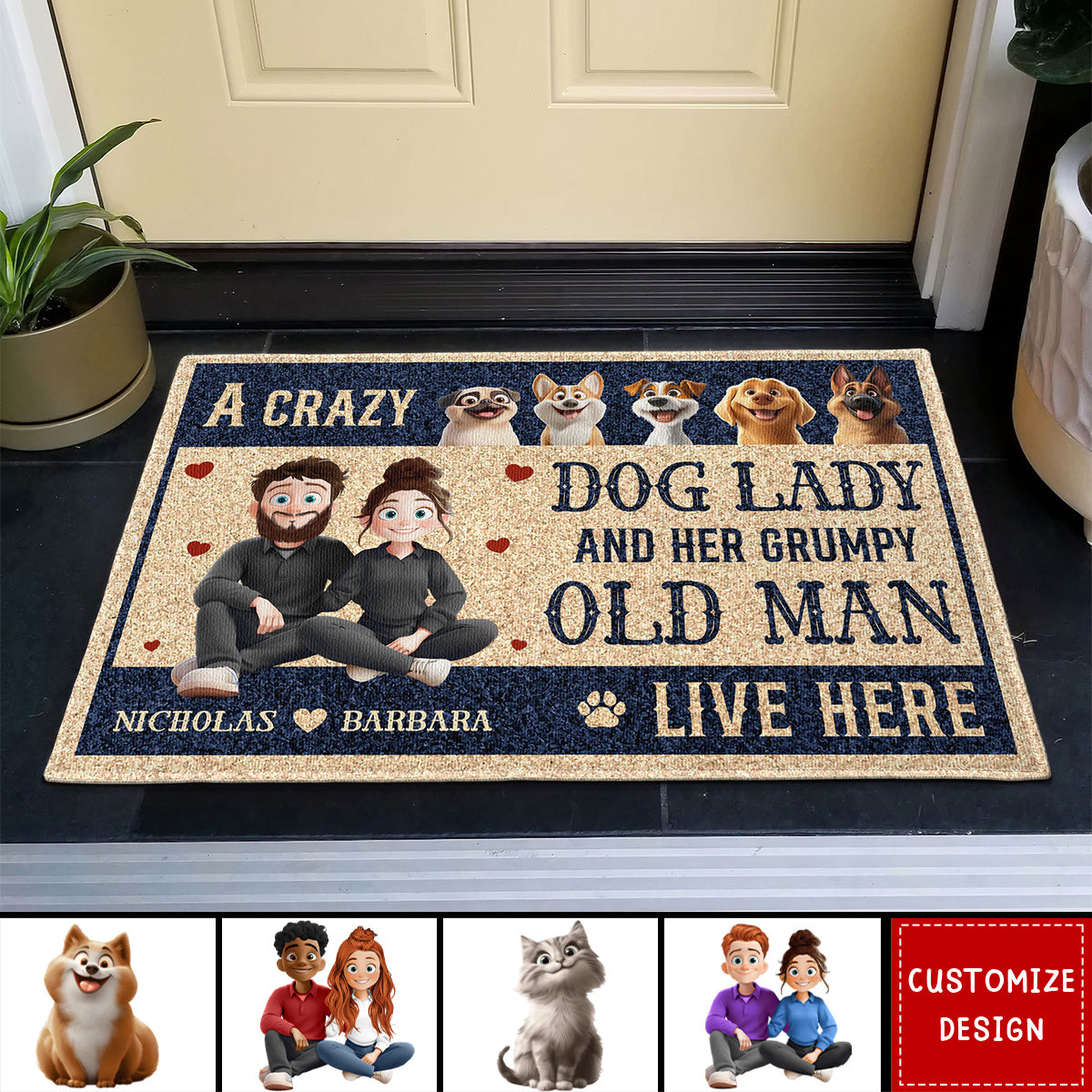 New Version Couple A Crazy Dog Lady And Her Grumpy Old Man - Personalized Doormat