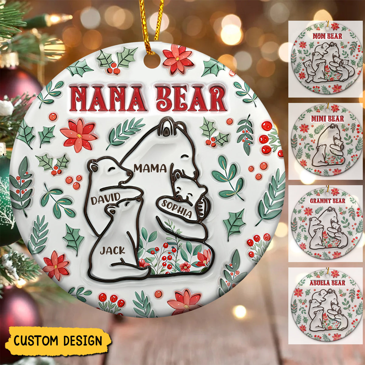 2024 New Release - Christmas Mama Bear - 3D Inflated Effect Printed Ornament, Personalized Circle Ceramic Ornament