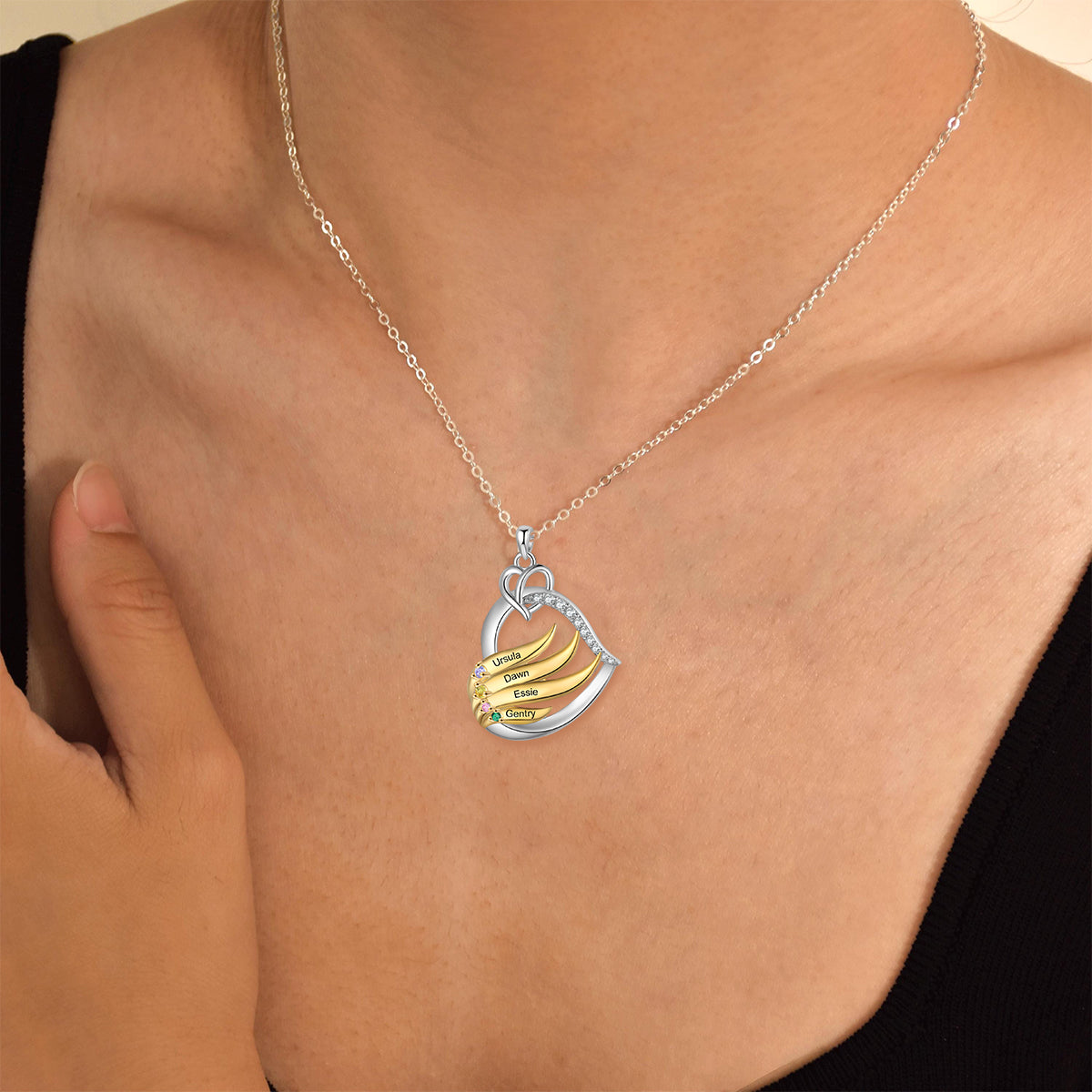 Personalized Golden Intertwined Heart Birthstone Necklace, Mother's Day Gift