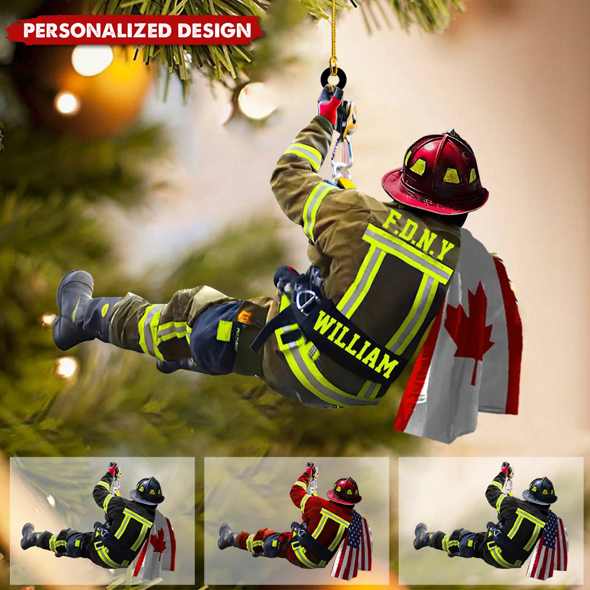 Personalized US/CA Firefighter Name & Department Car Hanging Ornament And Christmas Ornament
