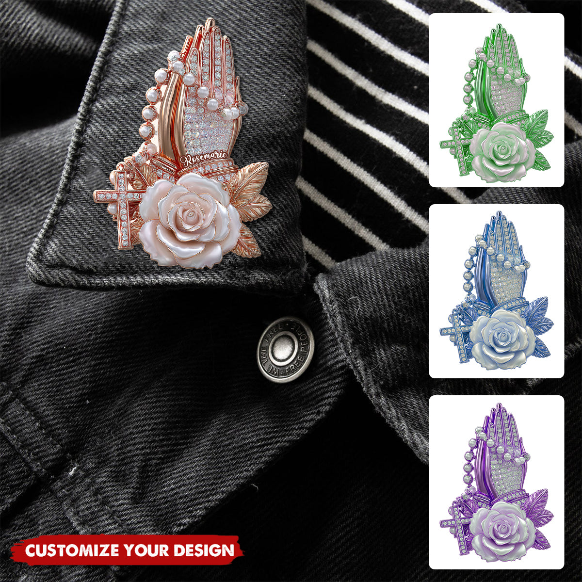 Praying Hands With Roses - Personalized Christian Pin